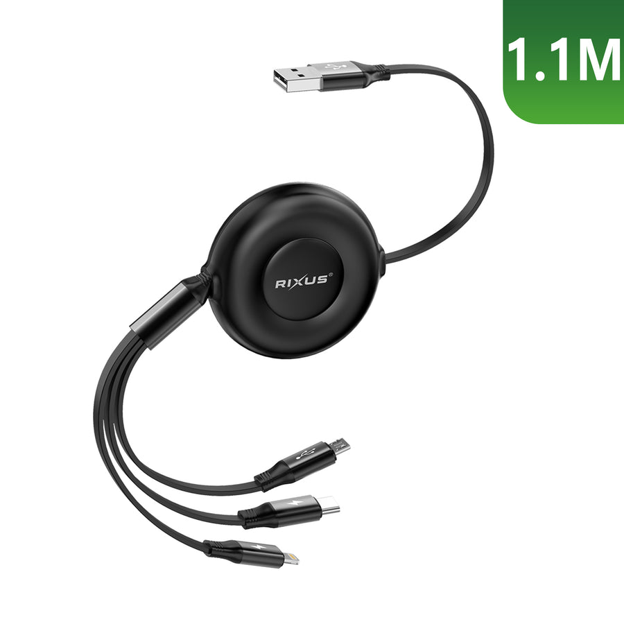 Rixus RXUC25 Multi charge 3 In 1 rétractable Fast chargeur câble noir