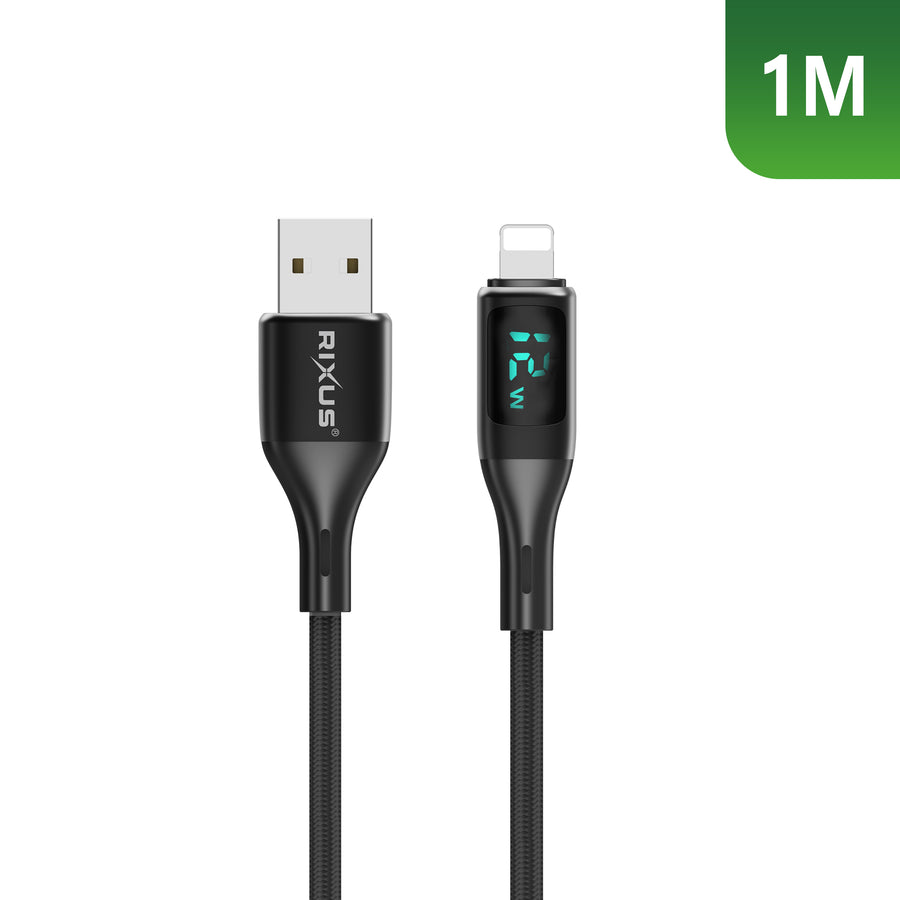 Rixus RXUC28AL Braided USB To Lightning Connector câble avec LED Display 1m noir