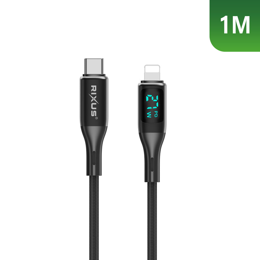 Rixus RXUC28L Braided USB-C To Lightning Connector câble avec LED Display 1m noir
