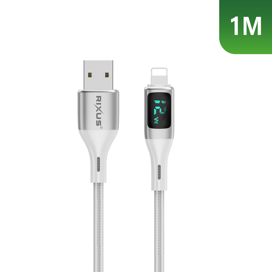 Rixus RXUC29AL Braided USB-A To Lightning Connector câble avec LED Display blanc