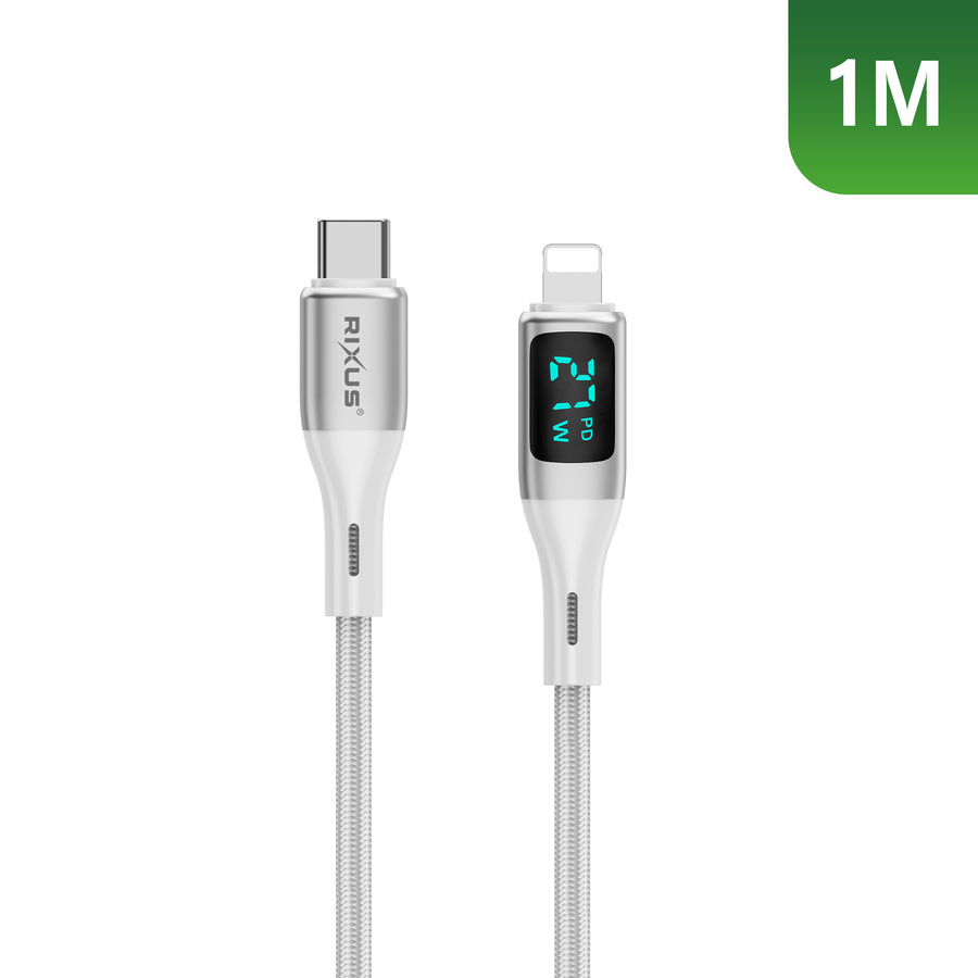 Rixus RXUC29L Braided USB-C To Lightning Connector câble avec LED Display blanc